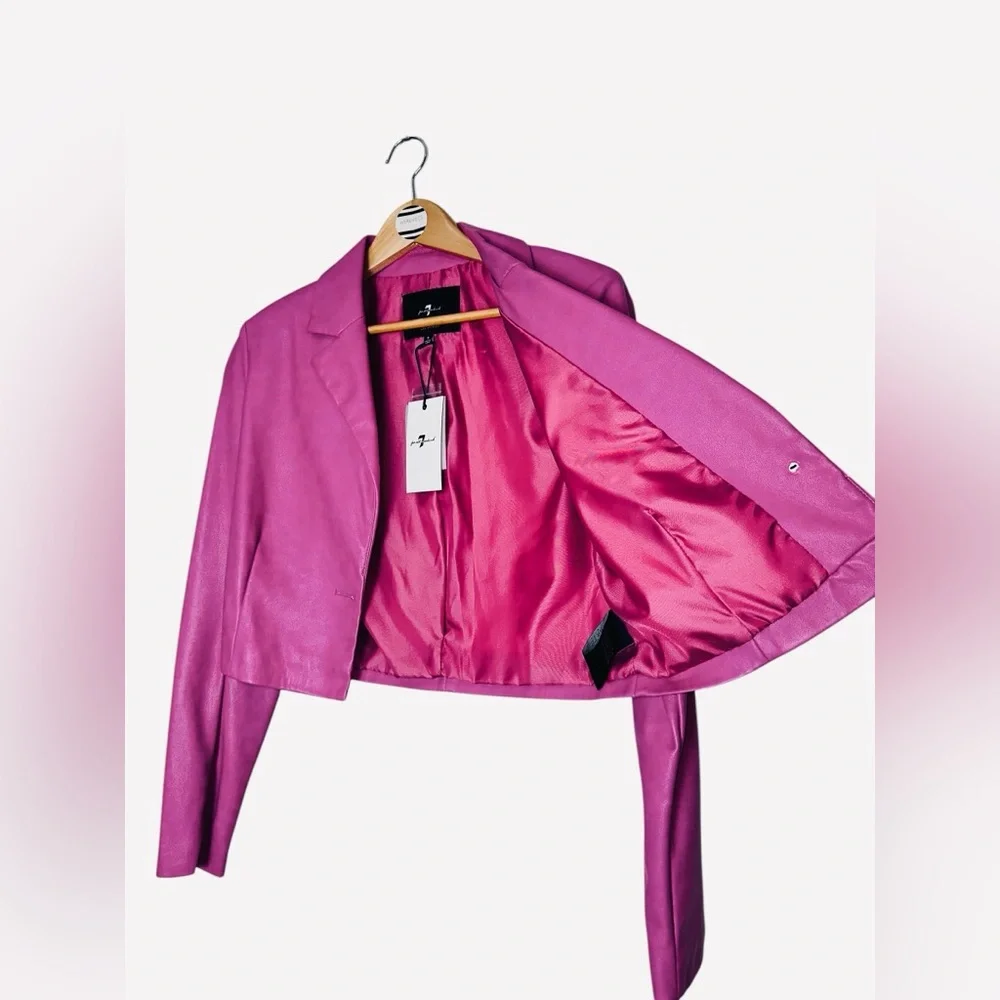 7 for All Mankind Pink Vegan Leather Cropped Moto Jacket